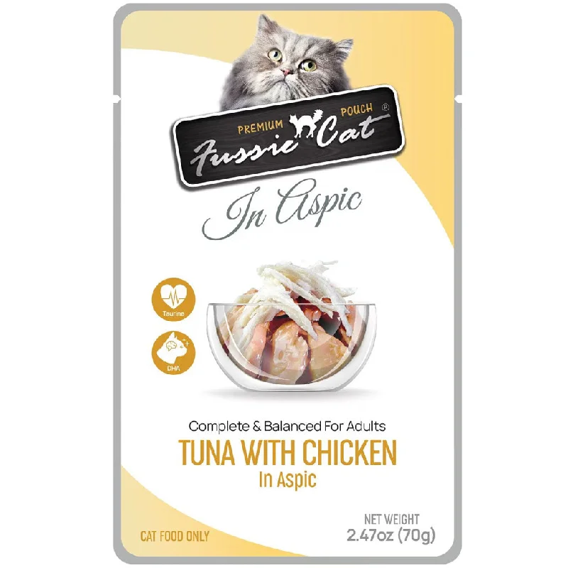    - Cat food for coat health  Fussie Cat Premium Tuna with Chicken in Aspic Wet Cat Food, 2.47-oz pouch