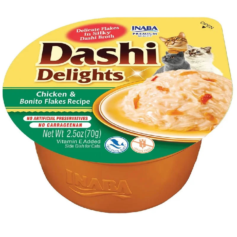    - High-protein cat food  Inaba Dashi Delights Chicken & Bonito Flakes Recipe in Broth Cat Food, 2.5-oz