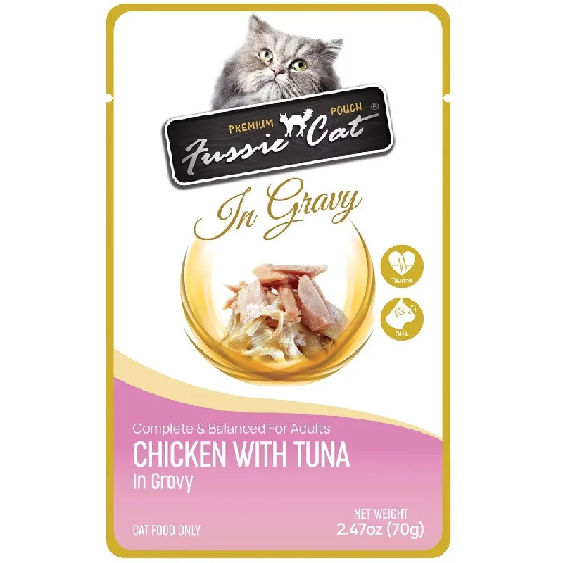    - Indoor cat food  Fussie Cat Premium Chicken with Tuna in Gravy Wet Cat Food, 2.47-oz