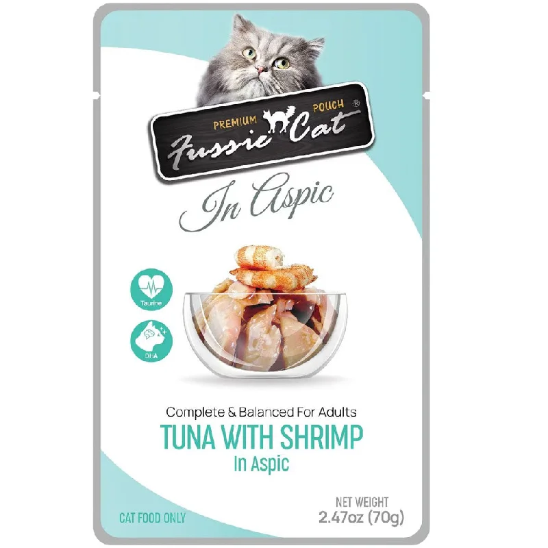 4. **Price and Purchasing**  Fussie Cat Premium Tuna with Shrimp in Aspic Wet Cat Food, 2.47-oz pouch