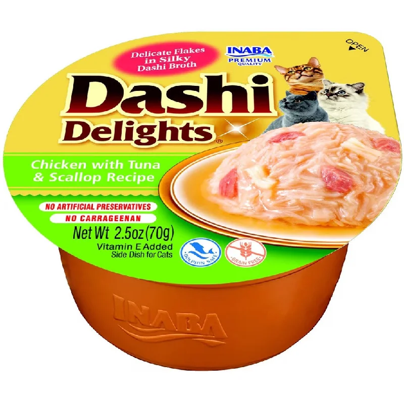    - Cat food for coat health  Inaba Dashi Delights Chicken with Tuna & Scallop Recipe in Broth Cat Food, 2.5-oz