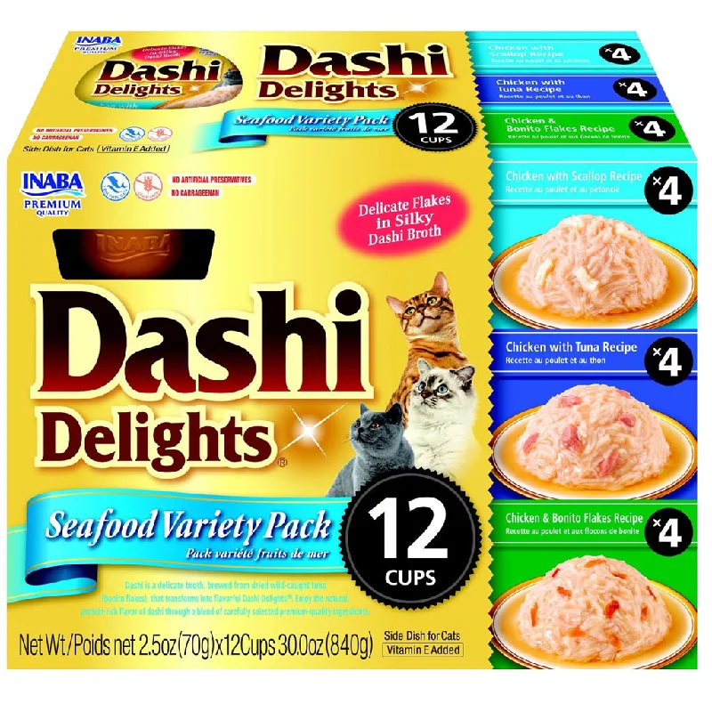    - Recommended online stores for cat food  Inaba Dashi Delights Seafood Variety Pack in Broth Cat Food, 2.5-oz, pack of 12