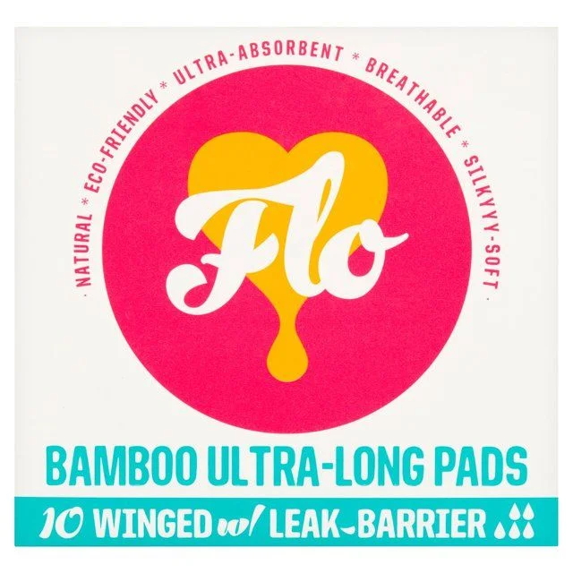 FLO Sanitary Bamboo Pads Winged & Ultra-Long   10 per pack