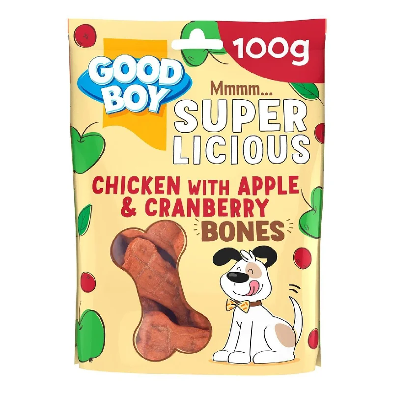 - Dog food nutritional analysisGood Boy Superlicious Chicken Apple & Cranberry Bone Dog Treats 100g