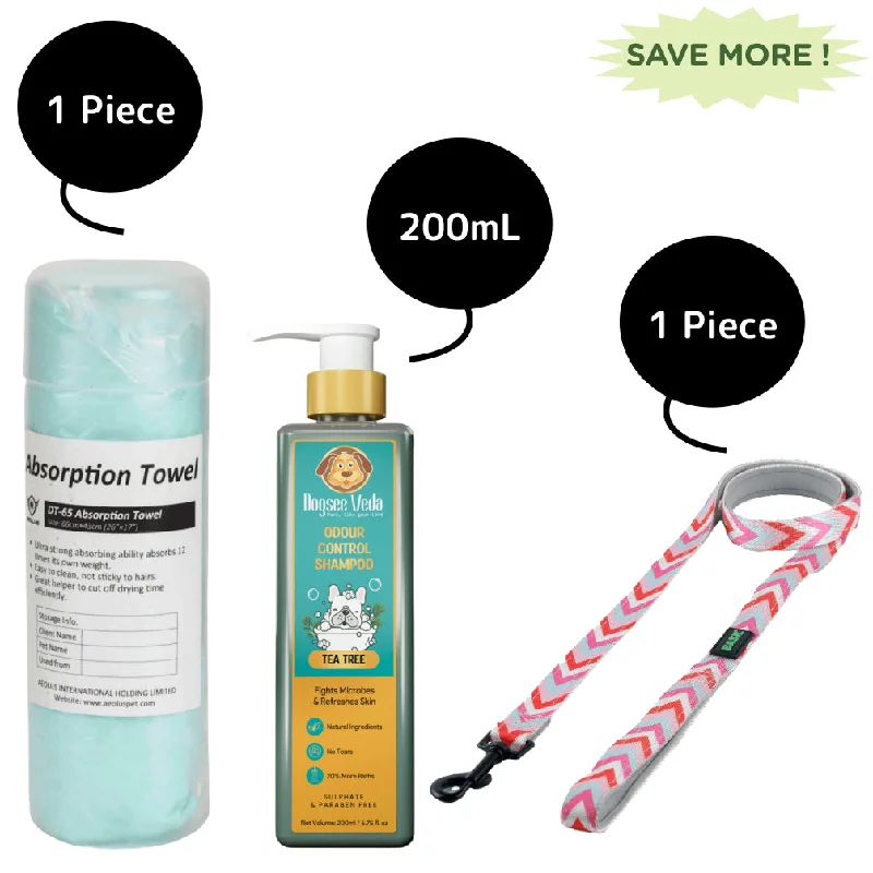 Pet grooming and cleaning products:Basil Printed Leash , Aeolus Super Dry Absorption Towels and Dogsee Veda Odour Control Tea Tree Shampoo for Dogs Combo