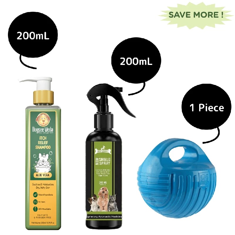 Pet conditioner: used to care for pet hair,M Pets Arco Ball Toy, DOGZ & DUDEZ Natural Neem Shield Tick & Flea Repellent and Dogsee Veda ITCH RELIEF Aloe Vera Shampoo for Dogs Combo