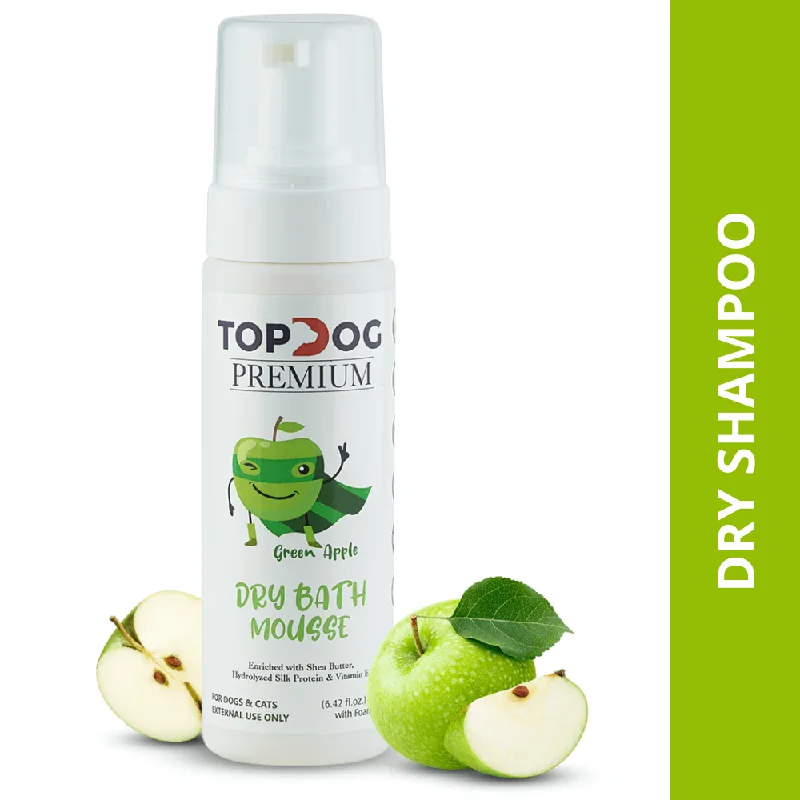 remove dead hair and dandruff, and promote pet skin health.TopDog Premium Green Apple Dry Bath Shampoo Spray for Dogs and Cats